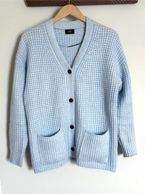 Line the Label Light Blue Waffle Knit V-neck Cardigan Chunky Wool Blend Cardi